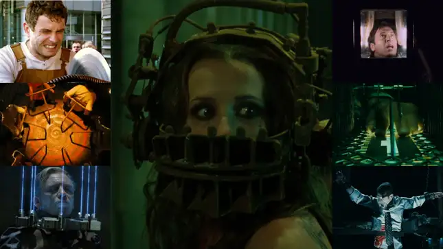 Center: Saw. Clockwise from top left: Saw 3D, Saw V, Saw V, Saw VI, Jigsaw, Saw VI (All images from YouTube)